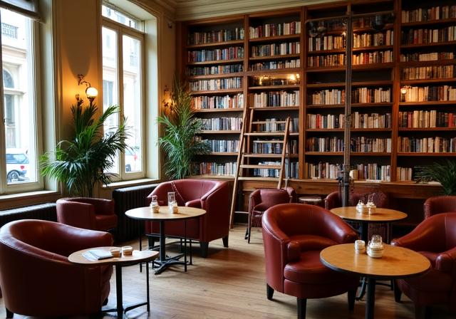 Interno accogliente di numericgrid.click con librerie a muro e tavolini in legno